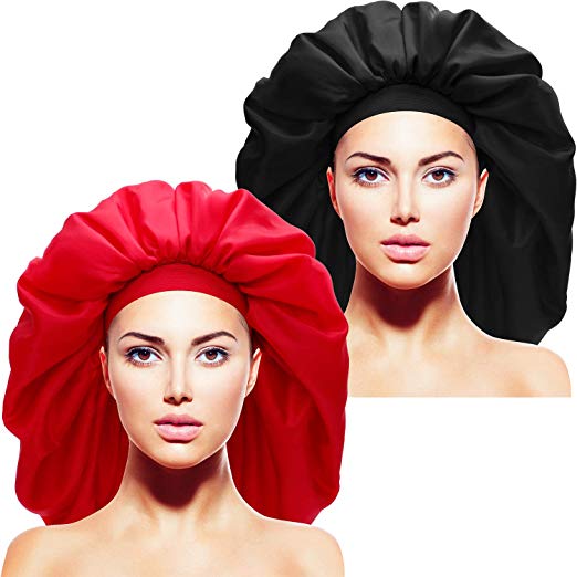 2 Pieces Extra Large Sleep Cap Jumbo Day and Night Cap Large Satin Bonnet with Comfort Elastic Band