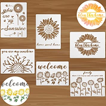 6 Pieces Sunflower Stencil Kits, DIY Decoration Sunflower Stencils A4 Size Sunflower Pattern Stencils for Painting on Wall Furniture Crafts Family Theme Drawing Template Reusable Flower Stencils