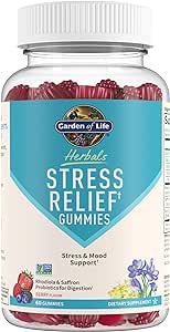 Garden of Life Herbals Stress Relief Gummy with Rhodiola & Saffron for Positive Mood & Stress Response Plus Prebiotics & Probiotics for Digestive Support – Non-GMO, Gluten-Free, Kosher, 30 Servings