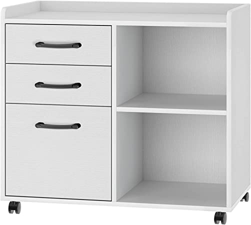 Rolanstar File Cabinet 3-Drawers, Mobile Lateral Filing Cabinet, Printer Stand with Open Storage Shelf, Rolling Filing Cabinet with Wheels for A4/Letter Size,White