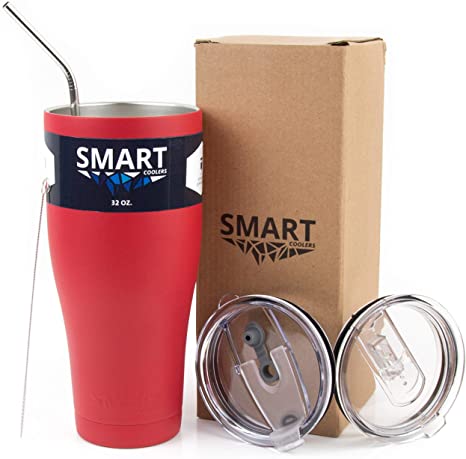 Smart Cooler 32 Oz. Sweat Free Ultra-Tough Double Wall Stainless Steel Tumbler Cup with Leak-proof Heavy Duty Tumbler Lids (Slide Lid & Flip Lid), Straw, Cleaning Brush - Ruby Red
