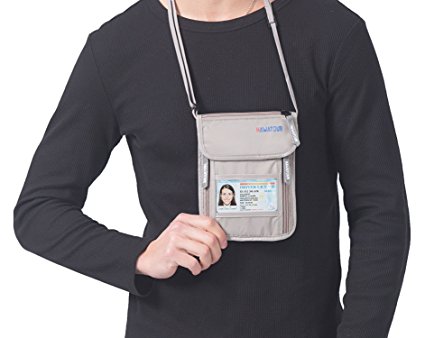 HaWaTour Neck Passport Holder Pouch RFID Blocking Ticket Organizer Travel Wallet with Zipper (Gray)