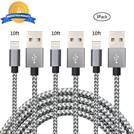 iPhone Charger Youer - 3Pcs 10FT iPhone Lightning Cable Nylon Braided 8pin to USB Charging Cord for Apple iPhone 7/7 plus/6/6s/se/5s/5c/5,iPad Air,Mini/iPod (Dark & Grey)