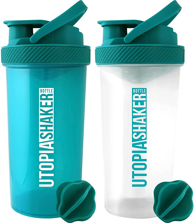 Utopia Home 2-Pack 28-Ounce Fitness Sports Classic Protein Mixer Shaker Bottle-Leakproof (All Teal & Clear/Teal)