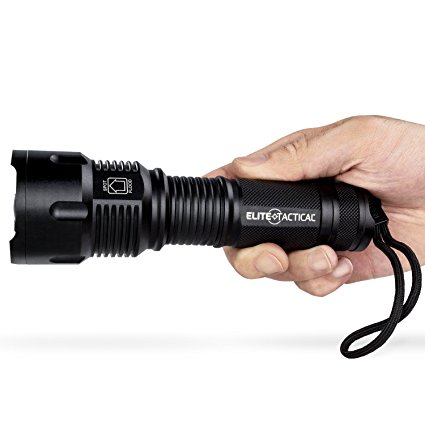 Pro 300 Series Tactical Flashlight by Elite Tactical - Waterproof 1200 Lumen CREE LED Military Grade Search Light w/ Zoom for Brightest Spot Light and Flood Light - Black