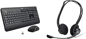 Logitech MK540 Advanced Wireless Keyboard and Mouse Combo, Black & 960 Wired Headset, Stereo Headphones with Noise-Cancelling Microphone, USB - Black, Pack of 1