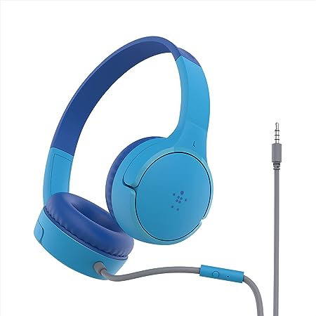 Belkin SoundForm Mini Wired On-Ear Headphones for Kids, Over-Ear Headset for Children with inline Microphone for Online Learning, School, Travel, Play, For 3.5mm Compatible Devices - Blue