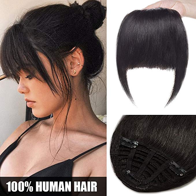 Fringe Hair Piece Clip in Hair Bangs 100% Real Remy Human Hair Extensions with Hair Temples One Piece Striaght - #1B Natural Black