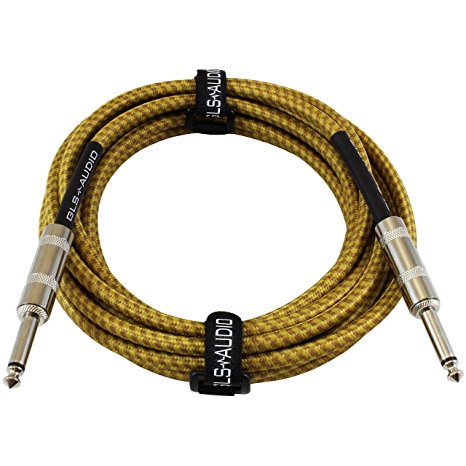 GLS Audio 15 Foot Guitar Instrument Cable - 1/4 Inch TS to 1/4 Inch TS 15-FT Brown Yellow Tweed Cloth Jacket - 15 Feet Pro Cord 15' Phono 6.3mm - SINGLE