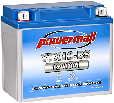 Powermall YTX12-BS Battery Sealed Lead Acid AGM Rechargeable Replacement 12-BS ETX12 GTX12-BS CYTX12-BS CTX12-BS Battery for Aprilia Polaris Yamaha Kawasaki Powersport ATV Motorcycles