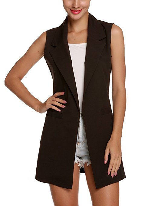 OURS Women's Solid Lapel Sleeveless Slim Waistcoat Long Suit Vest¡­