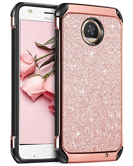 Moto Z2 Play Case, BENTOBEN Glitter Shockproof 2 in 1 Slim Hard Laminated with Sparkly Faux Leather Chrome Protective Phone Case Cover for Motorola Moto Z2 Play 2nd Gen 5.5Inch(2017 Release) Rose Gold