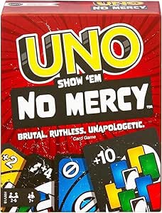 UNO Show ‘em No Mercy Card Game for Kids, Adults & Family Parties and Travel with Extra Cards, Special Rules and Tougher Penalties, Kids & Family Night - Ideal for Parties, Game Nights & Travel