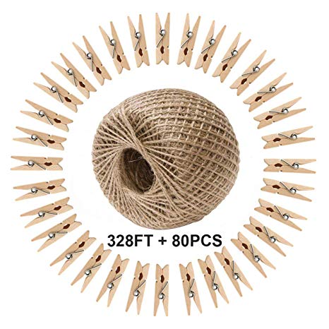 Jute Twine & Mini Clothespins Set, ZOUTOG 328 feet 3mm Natural Twine String with 80 PCS Wooden Clothespins for Picture Hanging/Art Craft/Photo Display
