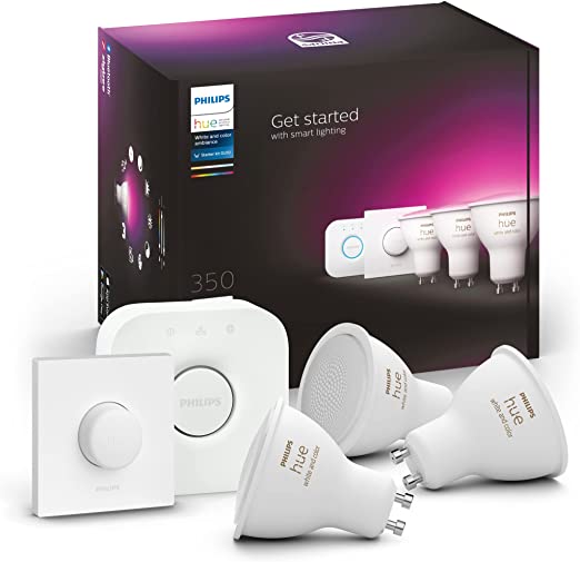 Philips Hue White & Colour Ambiance Starter Kit: Smart Bulb 3x Pack LED [GU10] incl. Bridge and Smart Button - 350 Lumen