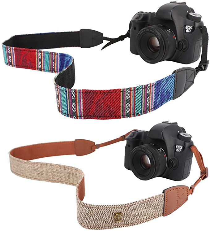 MoKo Camera Strap [2 Pack], Cotton Canvas Braided Adjustable Universal Sling Shoulder Neck Belt for All DSLR Digital Camera Canon, Fuji, Nikon, Olympus, Panasonic, Pentax, Sony - Bohemia Blue   Khaki