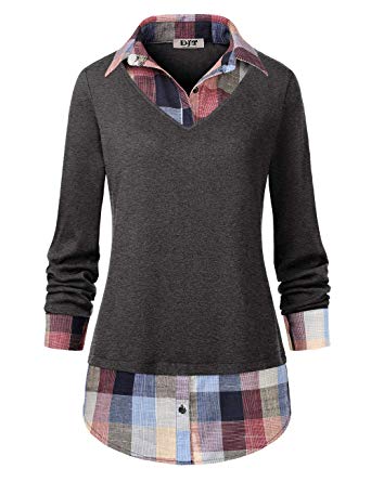 DJT Women's Contrast Plaid Collar 2 in 1 Blouse Tunic Tops