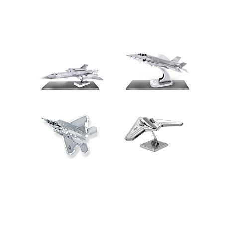 Set of 4 Metal Earth 3D Laser Cut Lockheed Martin Plane Models: F-35 Lightning - F-22 Raptor - RQ-170 Sentinel - SR-71 Blackbird