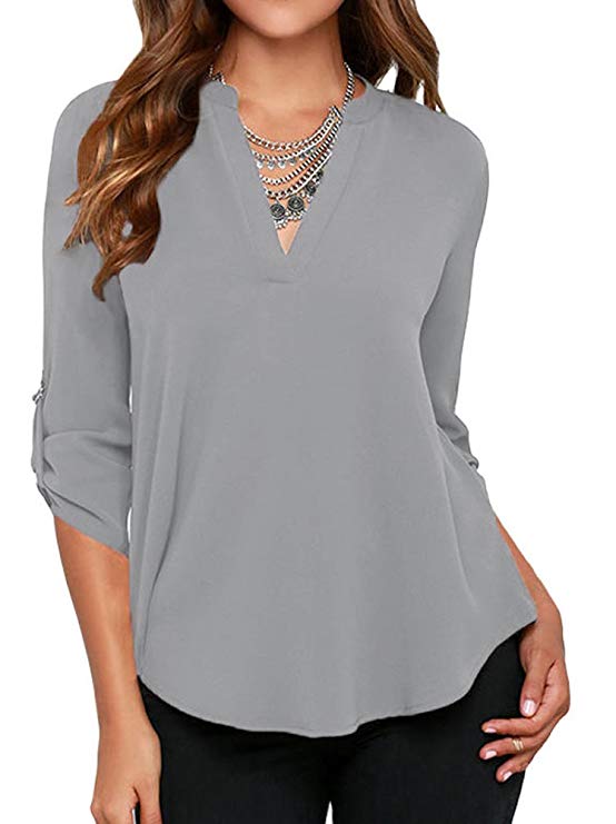 roswear Women's Casual V Neck Cuffed Sleeves Solid Chiffon Blouse Top