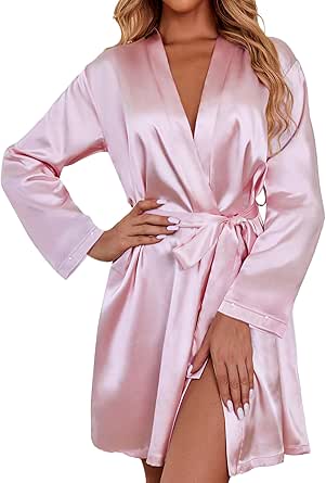 Ekouaer Women's Satin Robe Short Bridesmaid Bride Feather Bridal Robe Kimono Silky Long Sleeve Bathrobe S-XXL