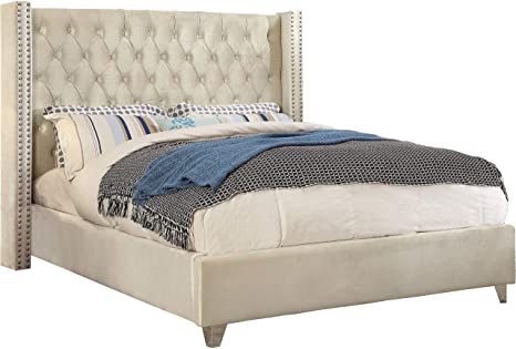 Meridian Furniture AidenCream-Q Aiden Collection Modern | Contemporary Velvet Upholstered Bed with Deep Button Tufting, Solid Wood Frame, and Custom Chrome Legs, Queen, Cream