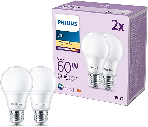 PHILIPS LED Frosted A60 Light Bulb 2 Pack [Warm White 2700K - E27 Edison Screw] 60W, Non Dimmable. for Home Indoor Lighting