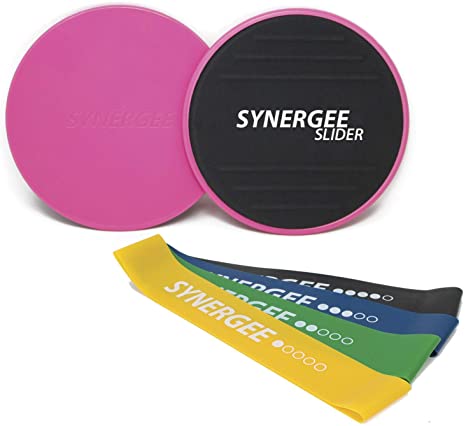 Synergee Core Sliders and Resistance Bands Compact Fitness Pack - Abdominal Disc Dual Sided for Use on Carpet or Hardwood with Specialized Non-Slip Foot Grips - 4 Pack Varied Mini Bands