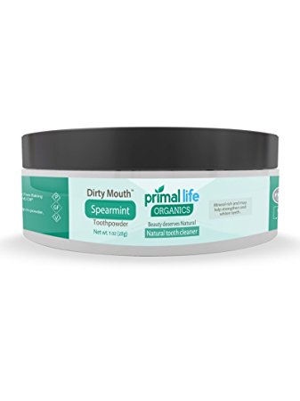Dirty Mouth Organic Toothpowder - #1 RATED BEST Toothpowder - All Natural Dental Cleanser- Gently Polishes, Detoxifies, Re-Mineralizes and Strengthens Teeth – Better Than Toothpaste - Kids Love It - Spearmint (1 oz jar) Healthiest Toothpaste - Primal Life Organics