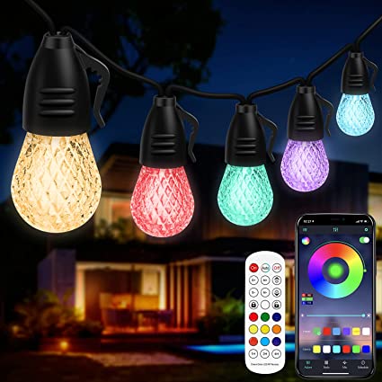 49ft Outdoor String Lights, Bluetooth App Control, Remote Patio Lights with 25 Dimmable Warm White Color Changing LED Bulbs, Waterproof Shatterproof Outdoor Lights for Garden, Backyard, Party