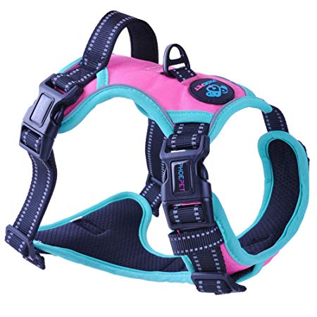 PHOEPET 2019 Upgraded No Pull Dog Harness, Unique Colors 3M Reflective Adjustable Vest, with a Training Handle   2 Metal Leash Hooks  3 Snap Buckles  4 Slide Buckles [Easy to Put on & Take Off]