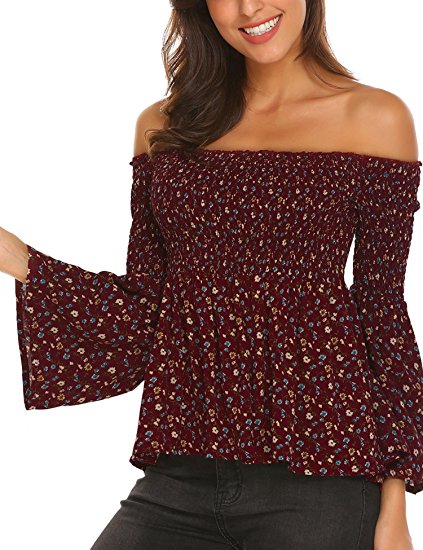 Pasttry Women's Off The Shoulder Floral Printed Tops Ruffle Bell Sleeve Flowy Blouses