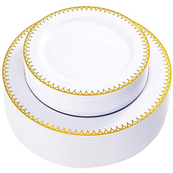 WDF 60 pieces Gold Plastic Plates-Disposable Gold Rim Wedding Party Plates, Premium Heavy Duty 30-10.25" Dinner Plates and 30-7.5" Salad Plates Combo