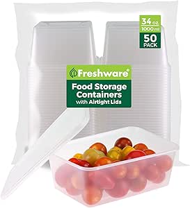 Freshware Food Storage Containers [50 Set] 34 oz Plastic Deli Containers with Lids, Slime, Soup, Meal Prep Containers, BPA Free, Stackable, Leakproof, Microwave, Dishwasher and Freezer Safe