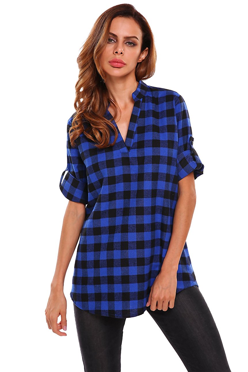 Beyove Women's 3/4 Cuffed Sleeve V-Neck Pullover Plaid Top T-Shirt Blouse