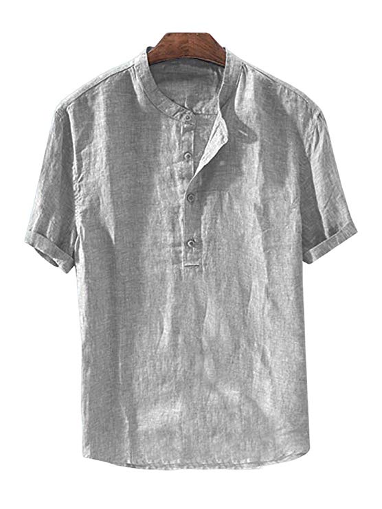 Mens Linen Henley Shirt Casual Short Sleeve T Shirt Pullovers Tees Retro Frog Button Cotton Shirts Beach Tops