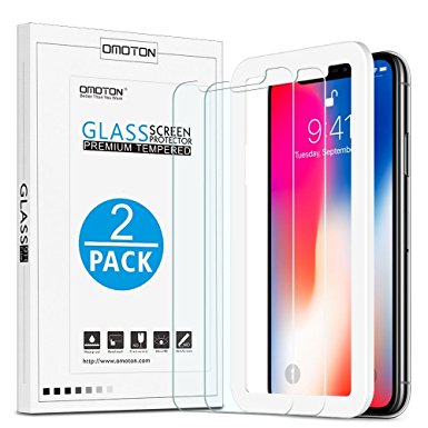 OMOTON iPhone X Screen Protector [2 Pack]- Case Friendly HD Tempered Glass Screen Protector with [Guide Frame Easy Installation] [9H Hardness] [Anti-Scratch] [Bubble Free] for Apple iPhone X / 10