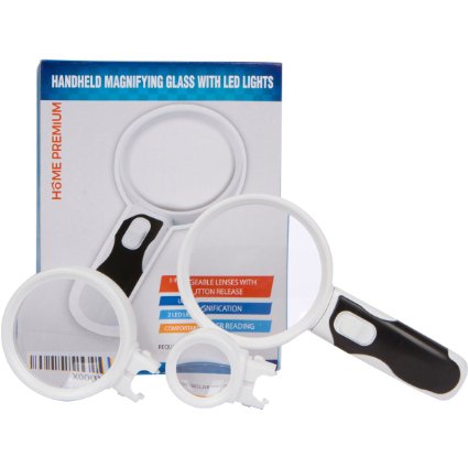 Handheld Magnifying Glass w/ LED Lights and 3 Magnifier Heads (2.5X, 5X and 16X)