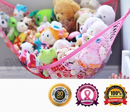 MiniOwls Pink STORAGE HAMMOCK XL Toy Organizer (also comes in White) De-cluttering Solution & Inexpensive Idea for Every Room at Home or Facility - 3% is Donated to Breast Cancer Foundation