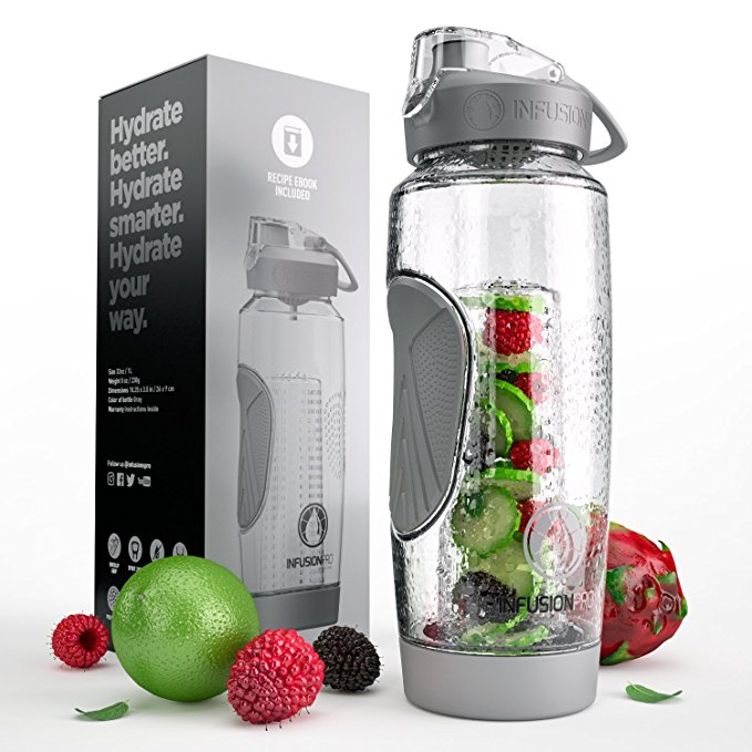 Infusion Pro 32 oz Fruit Infuser Water Bottle With Insulated Sleeve & Fruit Infused Water eBook : Bottom Loading, Large Cage for More Infusing Flavor : Delicious, Healthy Way to Up Your Water Intake