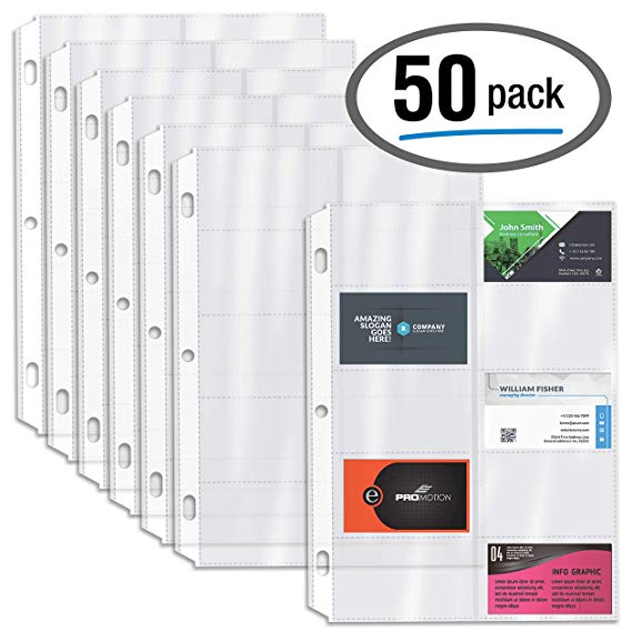 50/Box Clear Heavyweight Business Card Sleeve Pages, Refill Pages, 10 Pockets Per Sheet, 3 Ring Business Card Binder Sheets, by Better Office Products, 50 Count