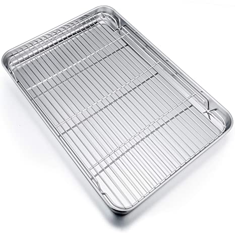 P&P CHEF Extra Large Baking Sheet and Rack Set, Stainless Steel Cookie Sheet Baking Pan with Cooling rack, Rectangle 19.6''x13.5''x1.2'', Oven & Dishwasher Safe -Half Size