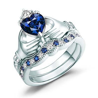 Claddagh Ring, Irish Claddagh Friendship Heart Created Blue Sapphire Bridal Rings Set Sterling Silver