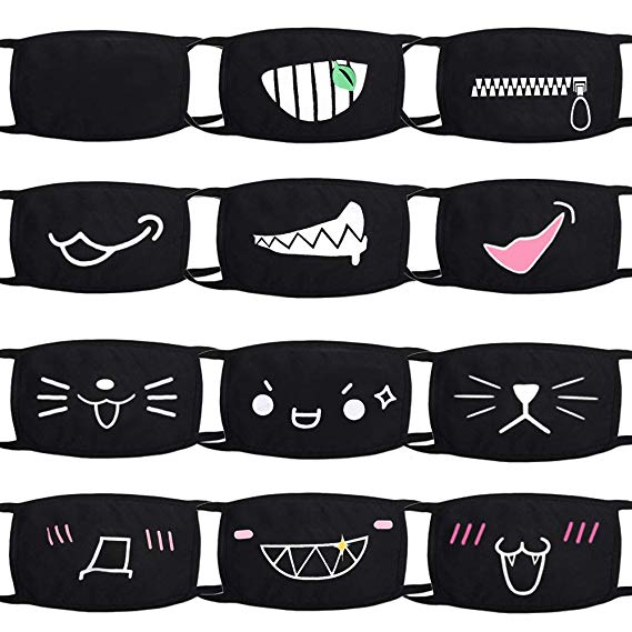 SEDOPLK 12 Packs Cute Funny Fashion Cartoon Black Reusable Anti-dust Cotton Face Cover Mouth Mask for Women Men Teens for Cycling Camping
