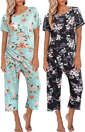 Ekouaer 2 Pack: Womens Pajamas Short Sleeve Sleepwear Tops and Capri Pants Pjs Print Pajama Sets