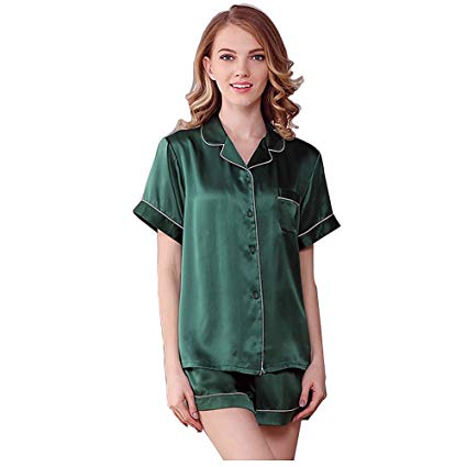 NANJUN Women's Satin Pajamas Sleepwear Long and Short Button-Down Pj Set