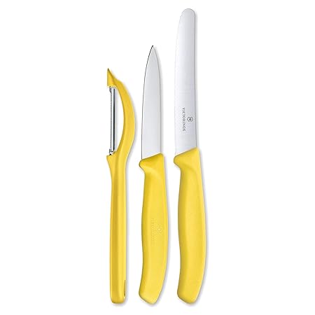 Victorinox Stainless Steel Kitchen Knife Set of 3, Swiss Classic - 11 cm Serrated/Wavy Edge, 8 cm Straight Edge and a Universal Peeler for Professional and Household Kitchen, Yellow, Swiss Made