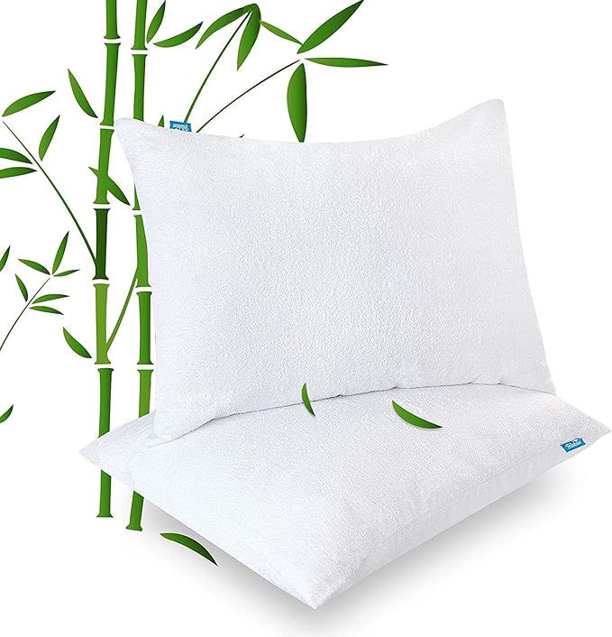 Pillow Protector 100% Viscose Made from Bamboo with Hidden Zipper, Waterproof Pillow Cases Queen Size 2 Pack, Skin Friendly & Breathable & Noiseless , Waterproof Pillow Protector, White