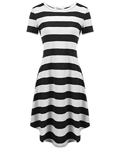 SE MIU Women O-Neck Short Sleeve Striped Summer Casual Flared A-Line Dress