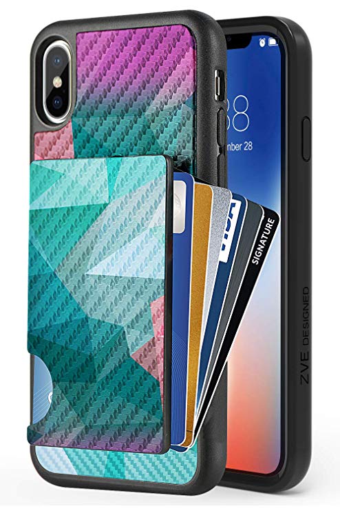 iPhone Xs Max Case, iPhone Xs Max Wallet Case, ZVEdeng iPhone Xs Max Credit Card Holder Case Card Clip Cover with Carbon Fiber Wallet Card Grip Slim Case for Apple iPhone Xs Max 6.5 Inch Mixcolor