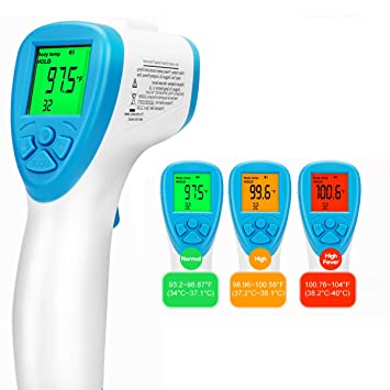Non-Contact Infrared Digital Medical Forehead Thermometer Gun with Fever Alarm, Over Range Display and 32 Group Data Memory for Baby, Adults, Kids, Surface of Objects with CE/FCC Approved